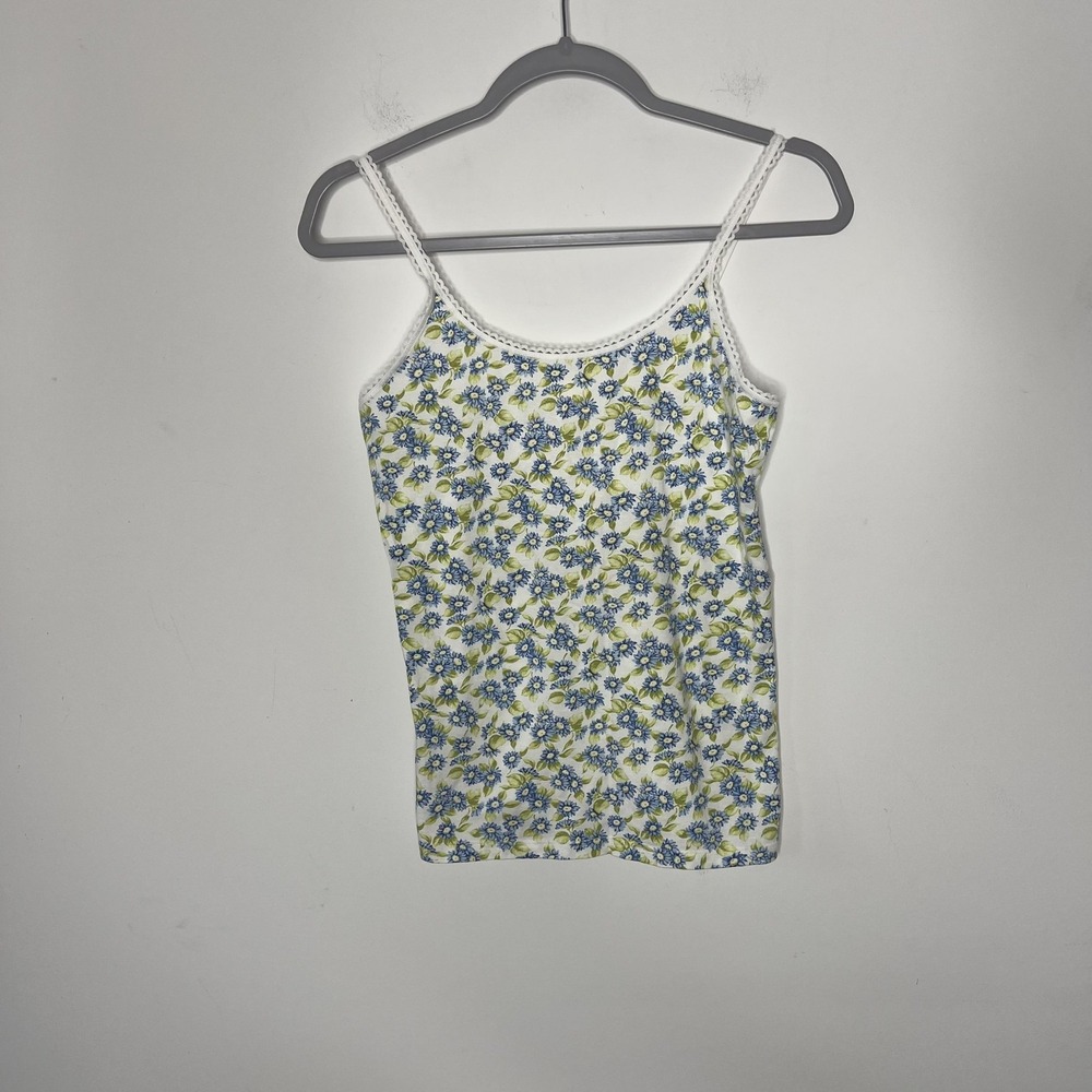 Garnet Hill Camisole‎ Tank Top Womens Medium White Blue Floral Lace Trim Daywear